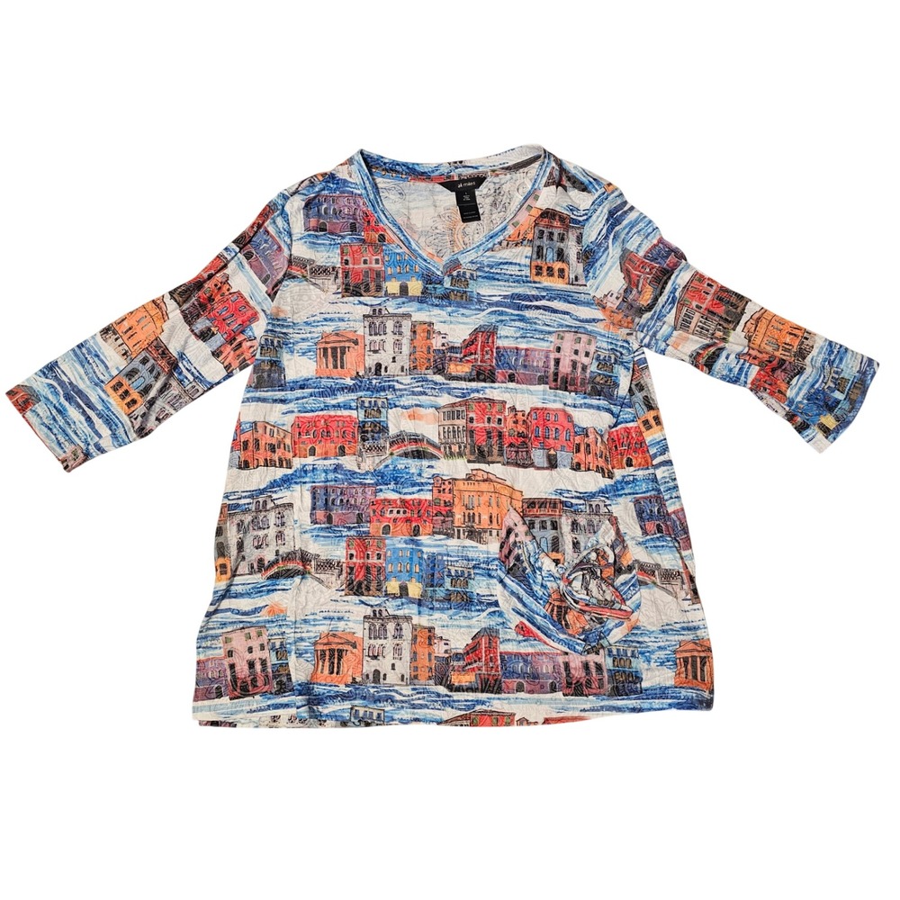 Ali Miles V-Neck Tunic L Cityscape Print 3/4 Sleeve‎ Artsy Pocket Boho Relaxed